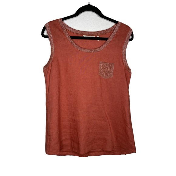Soft Surroundings Sleeveless Top Blouse Medium Crewneck Orange Pocket 100% Linen - Picture 1 of 6